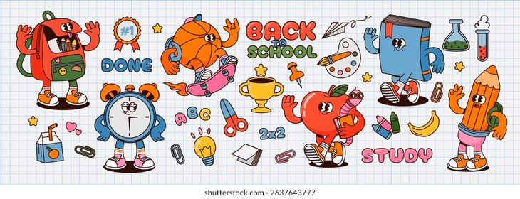 School characters. Retro cartoon education mascot. Funky basketball ball on skate, cute apple, smiling backpack, pencil, book and clock. Kids back to school elements. Vector set.