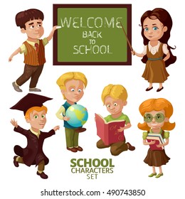 School characters set with teachers and students educational accessories chalkboard with lettering isolated vector illustration