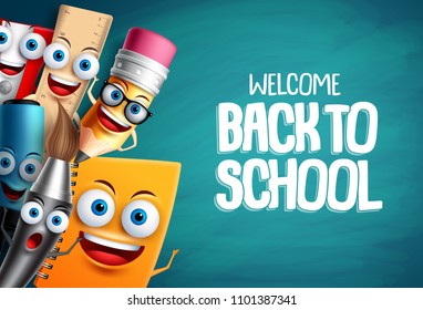 School characters vector education background. Back to school text with colorful funny cartoon mascots for educational design template. Vector illustration.
