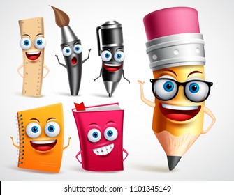 School characters vector illustration set. Education items 3D cartoon mascots like pencil and book for back to school elements in white background.
