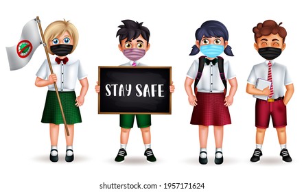 School characters vector set. Back to school 3d character wearing facemask, holding stay safe chalkboard and stop covid-19 coronavirus flag for new normal student collection design. Vector