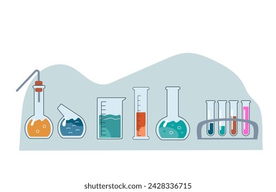 School Chemistry Biochemistry Class Transparent Glass Flasks and Retorts, Glassware for the Chemical Laboratory. Test tubes for scientific research.  Vector illustration in a flat doodle style.