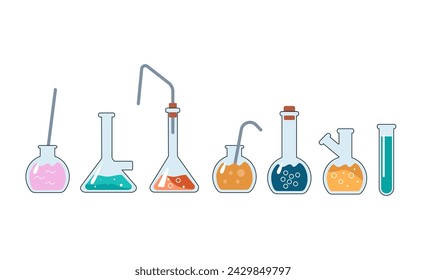 School Chemistry Biochemistry Class Transparent Glass Flasks and Retorts, Glassware for the Chemical Laboratory. Test tubes for scientific research. Chemical equipment for experiments. Vector 