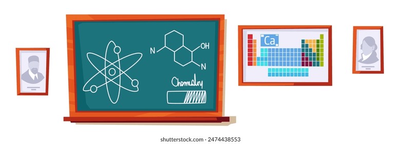 School chemistry classroom interior element set. Cartoon green chalkboard in wooden frame with chemistry formulas and periodic table isolated on white background. Back to school.