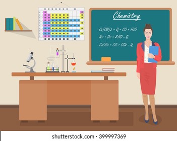 School Chemistry female woman teacher in audience classroom concept.