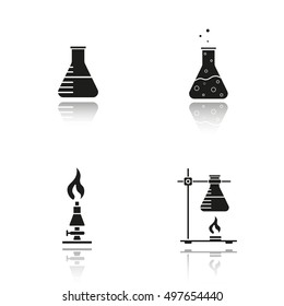 School chemistry lab equipment drop shadow black icons set. Beaker with liquid, ring stand with flask, laboratory burner, chemical reaction. Isolated vector illustrations