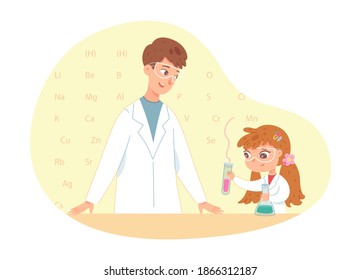 School chemistry lesson in class. Kid with teacher in education vector illustration. Little girl doing chemistry experiment at school, holding flasks, man in coat standing nearby.