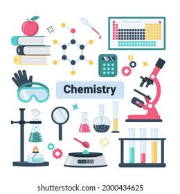 School chemistry set, collection of laboratory equipment: microscope, burner, gloves, tubes, pipette, etc. Chemical experiment, science research. Vector flat design elements