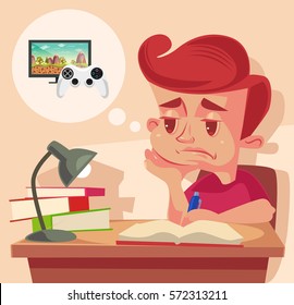 School child character do not want to do homework. Vector flat cartoon illustration