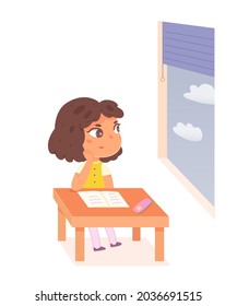 School child looking out window, lesson in classroom vector illustration. Cartoon bored girl pupil of elementary school sitting at table with open book, schoolgirl character dreaming isolated on white