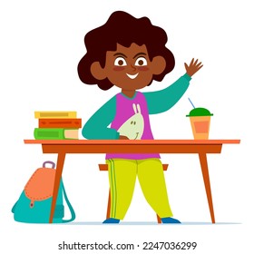 School child. Multiethnic girl sitting at desk in classroom, backpack on floor, smiling child books and textbooks, happy african student in class, studying lessons concept, vector character