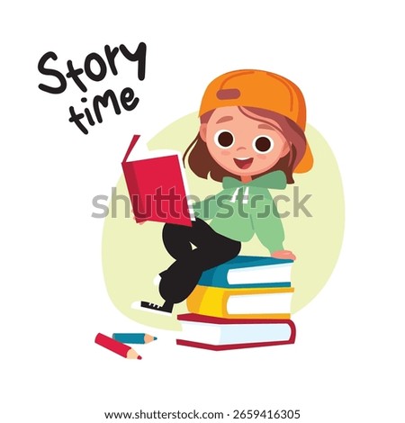 School child  reading a book while sitting on a pile of books. Cute stylishly dressed child. Kid's activities. Kid with school supplies.