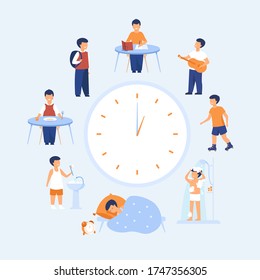 School child schedule. Clock with kids sleeping, eating, studying, resting, having shower flat vector illustration. Daily routine concept for banner, website design or landing web page