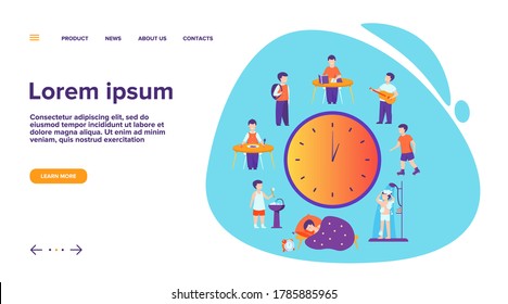 Calendario escolar de los niños. Reloj con niños durmiendo, comiendo, estudiando, descansando, con ducha de ilustración vectorial plana. Concepto diario de rutina para banners, diseño de sitios web o página web de aterrizaje