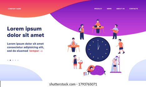 School child schedule. Clock with kids sleeping, eating, studying, resting, having shower flat vector illustration. Daily routine concept for banner, website design or landing web page