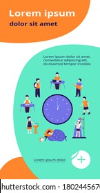 School child schedule. Clock with kids sleeping, eating, studying, resting, having shower flat vector illustration. Daily routine concept for banner, website design or landing web page