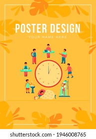 School child schedule. Clock with kids sleeping, eating, studying, resting, having shower flat vector illustration. Daily routine concept for banner, website design or landing web page