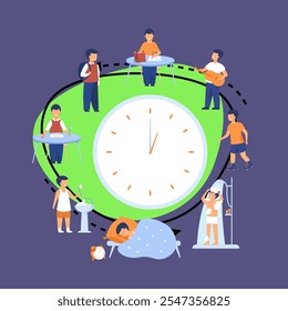 School child schedule. Clock with kids sleeping, eating, studying, resting, having shower flat vector illustration. Daily routine concept for banner, website design or landing web page