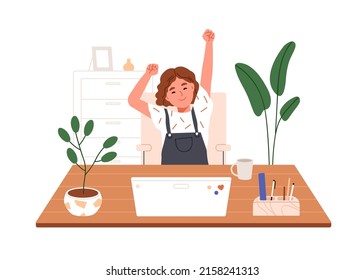 School child sitting at desk, stretching, finishing studying. Girl happy with homework done. Kids break, ending learning day at computer at home. Flat vector illustration isolated on white background