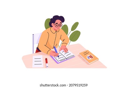 School child sitting at desk and studying. Girl in glasses writing essay in notebook. Diligent schoolkid in eyewear doing homework at table. Flat vector illustration isolated on white background