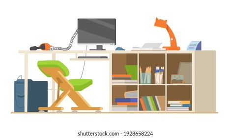 School Child Or Student's Working Place Flat Vector Illustration. Desk With Computer, Kneeling Chair, Headphones, Books And School Supplies, Lamp.