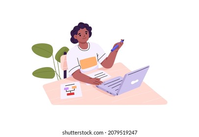 School child studying online with laptop computer at desk. Modern schoolkid do homework using internet. Remote education concept. Flat vector illustration of kid learning isolated on white background