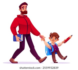 School child walk with father - cartoon illustration of excited pupil holding dad hand while brandishing oversized pencil. Male parent carries book alongside son wearing backpack heading to education.