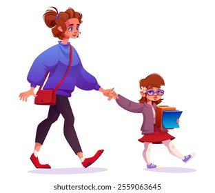 School child walk with mother - cartoon illustration of young pupil holding hands with parent while carrying textbooks. Elementary student girl wearing glasses and red skirt heading to class.