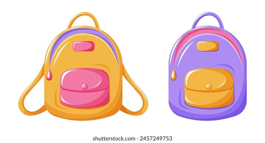 Mochila infantil escolar, color amarillo y púrpura. Maletín para niños, mochila para útiles escolares. Regreso a la escuela, concepto de educación, Ilustración vectorial, estilo plano moderno