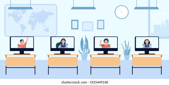 School children attending distance class. Monitors on desks in classroom, screen view. Flat vector illustration. Remote education, lockdown concept for banner, website design or landing web page