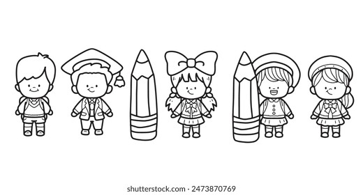 School children, back to school, animals, hand drawn, coloring books, cute, illustrations, vector