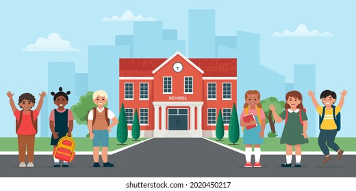 School Children with backpack near school building, happy kids. Back to school concept. Vector illustration in flat style