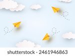 School or children blue sky cloudy background. 3d flying yellow paper airplanes. Vector cartoon kids planes in air
