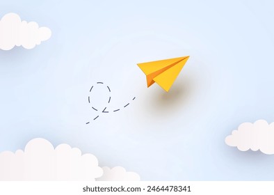 School or children blue sky cloudy background. 3d flying yellow paper airplane, origami toy. Vector cartoon kids plane in air