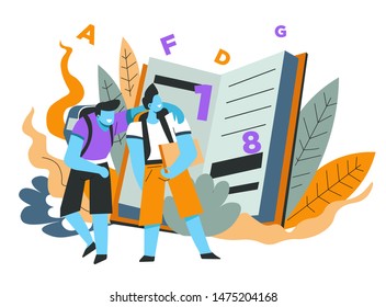 Niños escolares y libros, educación y conocimiento, aislado vector de ícono abstracto. Niños compañeros de clase con mochilas o mochilas, libros de texto. Cursos escolares, inglés y literatura o enseñanza de inglés