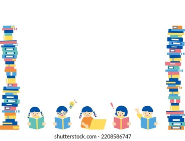 school children and books arranged in a stack