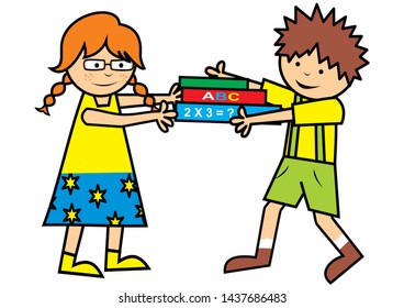 School children with books, funny vector illustration