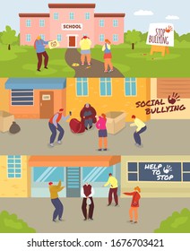 School children bullying vector illustration set. Cartoon angry teenagers mocking sad girl, homeless boy and old man, flat teen taking photos on smartphone. Mockery social problem, stop conflict bully