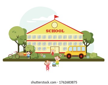 escuela con niños y bus, ilustración vectorial