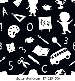 Escolar, niños tiza el vector sin fisuras en el fondo negro. Concepto de papel pintado, papel de embalaje, tarjetas 