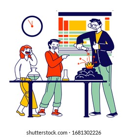 Schulkindercharaktere im Labor für Laboruntersuchungen führen wissenschaftliches Experiment mit Chemikalien im Labor für Chemie durch. Erziehungswissenschaften für Kinder. Illustration zur Vektorillustration von Linearen Menschen