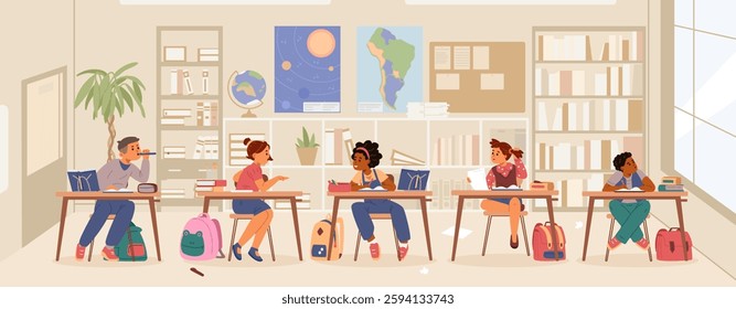 School children in the classroom flat vector illustration.