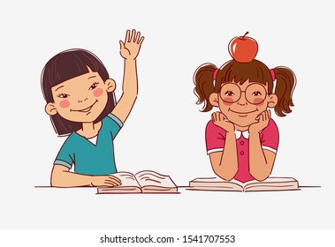 School children in the classroom at the lesson. Back to school vector illustration