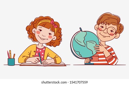 School children in the classroom at the lesson. Back to school vector illustration