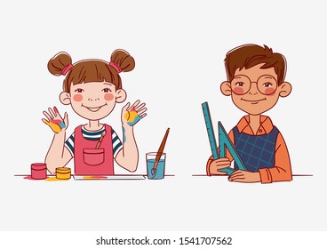 School children in the classroom at the lesson. Back to school vector illustration