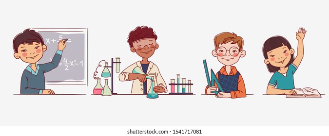 School children in the classroom at the lesson. Back to school vector illustration