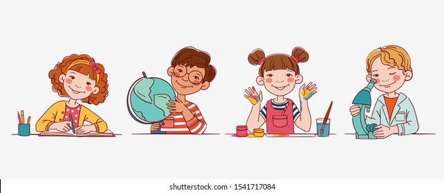 School children in the classroom at the lesson. Back to school vector illustration