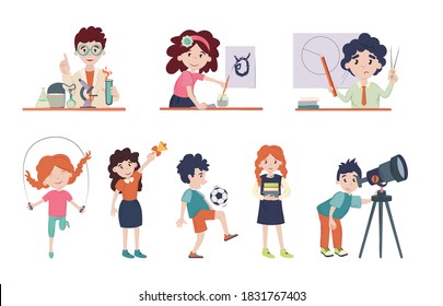 School children in classroom on lessons. Back to school vector illustration. Cute schoolchild's at lesson of chemistry, drawing, sketching, physical education, astronomy, in library, on school ruler.