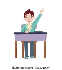 Escolares en el aula con clases. De vuelta a la escuela. Niños pequeños sentados en clase en el escritorio tira la mano para responder al vector de dibujos animados