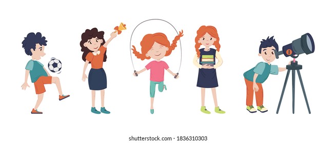 School children in the classroom on lessons. Back to school. Cute schoolchilds at lessons of physical education, with a soccer ball, jumping rope, doing astronomy cartoon vector